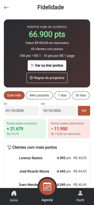 Tela do programa de fidelidade com pontos dos clientes